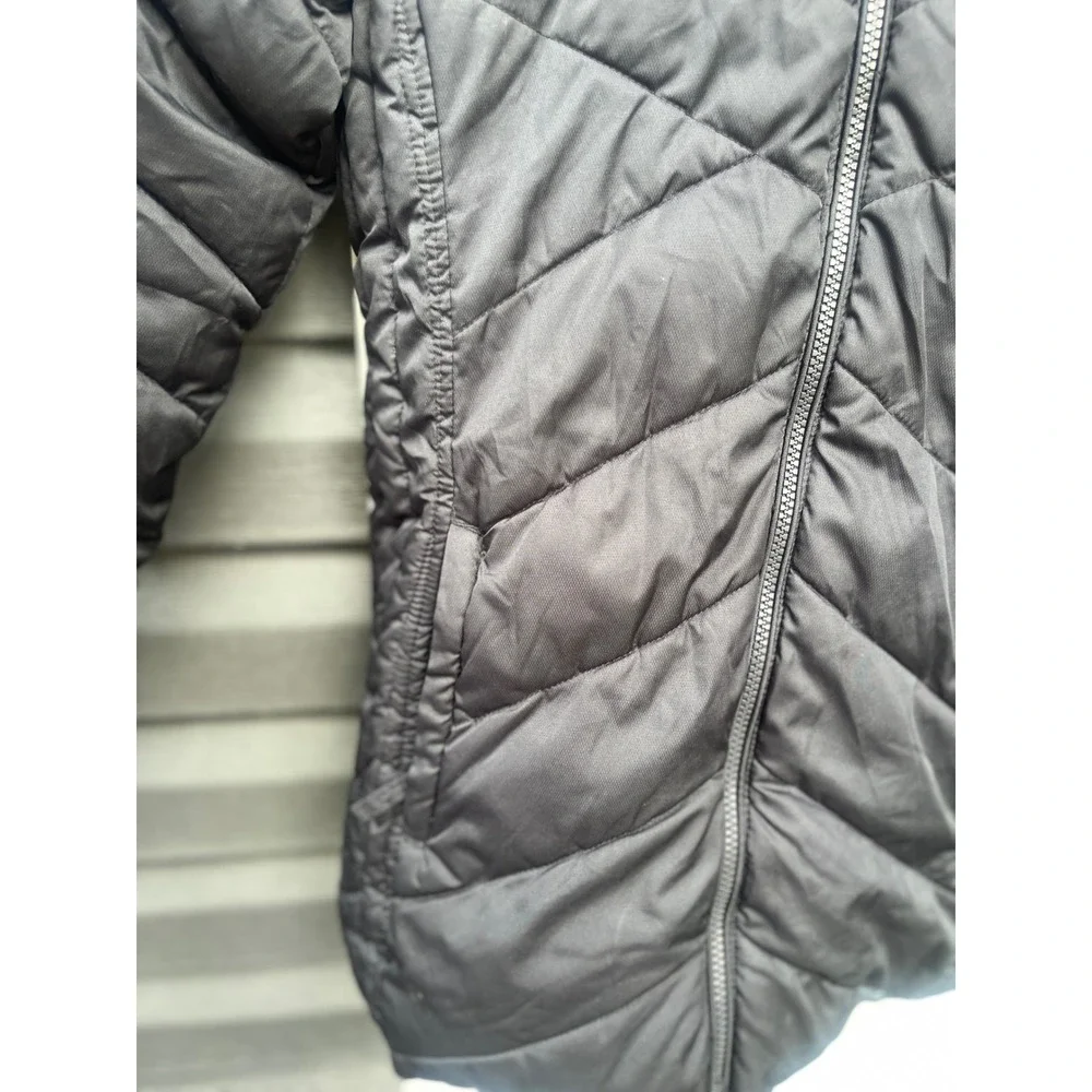 Lands End Girls Black Puffer Jacket Faux Fur Hooded Winter Coat Size M 10-12